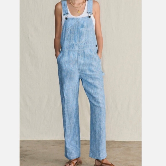 FAHERTY Linen Topsail Railroad Blue Stripe Mechanic Overalls Straight Leg Large - Picture 3 of 14